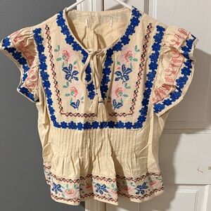 Boho Embroidered Cream Peasant Top with Blue Trim